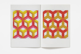 An open book displaying two colorful pages with repeating geometric patterns. Both patterns feature interlocking, cube-like shapes in shades of red, pink, orange, and yellow on a faint grid.