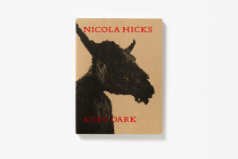 A brown Kraft paper book cover for Nicola Hicks: Keep Dark, featuring a dark, textured sculpture of an animal-like head with horns, and the artist's name and title in red text. 