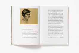 A spread from Nicola Hicks: Keep Dark showing a charcoal drawing of a young man's head on the left, and a page of text about drawing on the right.
