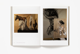 A spread from Nicola Hicks: Keep Dark showing a colour drawing of a horse and draped figures in a studio on the left, and a mixed-media drawing of a torso with a smaller figure on wood on the right.