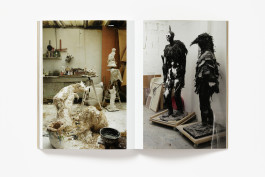 A spread from Nicola Hicks: Keep Dark showing a messy sculpture studio with works in progress on the left, and two dark, textured human-animal hybrid sculptures on the right.