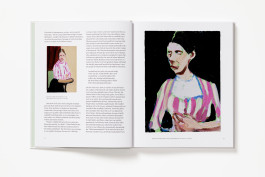 A spread from Chantal Joffe: Personal Feeling Is the Main Thing showing a page of text with a small reproduction of a painting of a woman on the left, and a large expressive portrait painting of a woman with striped top on the right.