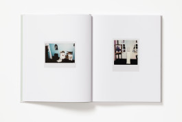 A spread from Chantal Joffe: Personal Feeling Is the Main Thing showing two small colour Polaroid photographs of interior scenes, one on each page.