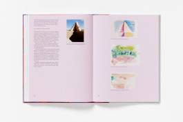 A spread from John Loker: Horizons, Zones and Outer Spaces on pink paper, showing text and a photograph of a crenelation in Morocco on the left, and three small abstract paintings on the right.