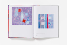 A spread from John Loker: Horizons, Zones and Outer Spaces showing two abstract paintings with textured backgrounds and floating coloured squares, one predominantly purple and red, the other blue and pink.