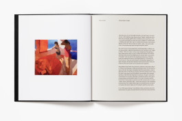 A spread from Sargy Mann: Late Paintings showing a colourful abstract painting of figures on the left, and an essay titled