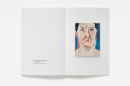 A spread from Chantal Joffe: The Front of My Face showing a blank left page with artwork details, and a small, expressive self-portrait painting by Chantal Joffe on the right.