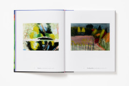 A spread from Lucy Jones: Awkward Beauty showing two square abstract landscape paintings, one with bright yellow and green on the left, and one with darker green and brown trees on the right.