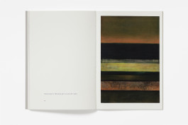 A spread from Hedda Sterne: Vertical-Horizontal with a blank left page showing image details, and a right page featuring a large abstract painting with dark horizontal bands of brown, black, and green.