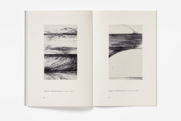 A spread from Hedda Sterne: Vertical-Horizontal showing two vertical black and white abstract mixed-media artworks with horizontal lines and textures on facing pages.