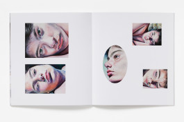 A spread from Ishbel Myerscough: Grief, Longing and Love showing multiple close-up paintings of a person's face from different angles, including one in an oval cut-out.