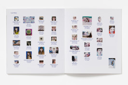 A spread from Ishbel Myerscough: Grief, Longing and Love showing multiple small reproductions of paintings with titles and details, arranged in a grid-like layout on both pages.