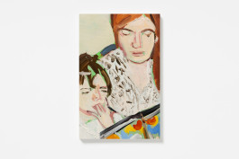 A book cover for Story by Chantal Joffe, featuring a vibrant painting of two figures, an adult with red hair and a child with dark hair, looking down at a book. 
