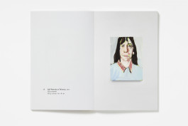 A spread from Story by Chantal Joffe showing a blank left page with artwork details, and a small, expressive self-portrait painting by Chantal Joffe as a teenager on the right.