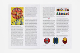 A spread from Lubna Chowdhary: Erratics with text columns and two ceramic artworks on the left, and multiple ceramic artworks and text columns on the right, all featuring vibrant colours and geometric patterns.
