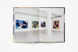 A full-bleed double-page spread from Angela Heisch: Burgeon and Remain, showing an installation view of four colourful abstract paintings by Angela Heisch in a white gallery space.