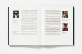 A spread from Alice Neel showing two columns of text on the left page with a small reproduction of a painting, and a page of text on the right with two small reproductions of classical portraits.