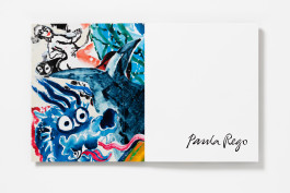 A title page spread from Paula Rego: Letting Loose, with a colourful, abstract painting of a blue monster and other figures on the left, and a blank white page with Paula Rego's signature on the right.