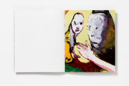 A spread from Paula Rego: Letting Loose showing a full-bleed close-up painting of two grotesque, mask-like figures and a large hand, with a blank page on the left.