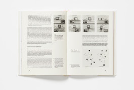 A spread from Time Tumbler showing text on the left page and on the right, black and white photographic grids above a diagram with dots and lines.