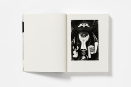 A spread from Claude Cahun: Cancelled Confessions with a blank left page and a large black and white surreal collage artwork featuring hands, eyes, and abstract forms on the right.